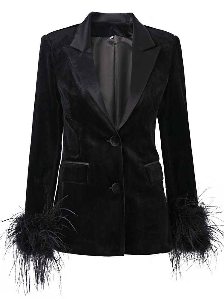 DEAT Fashion Veet Blazer Women's Notched Collar Feather Long Sleeves Single Button Suit Jackets Autumn Spring 2025 New 7Ab6507