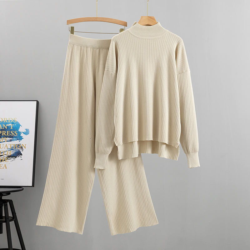 2023 2 Pieces Women Loose Tracksuit Turtleneck + Wide Leg Pants Pullover Sweater Set CHIC Knitted Outwear