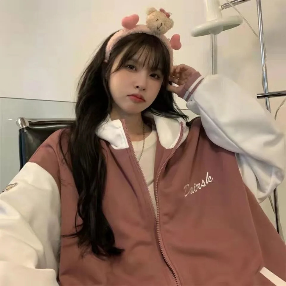 Womens Blue Print Casual Loose Jacket Baseball Hooded Coat Sports Style Autumn and Winter 241218