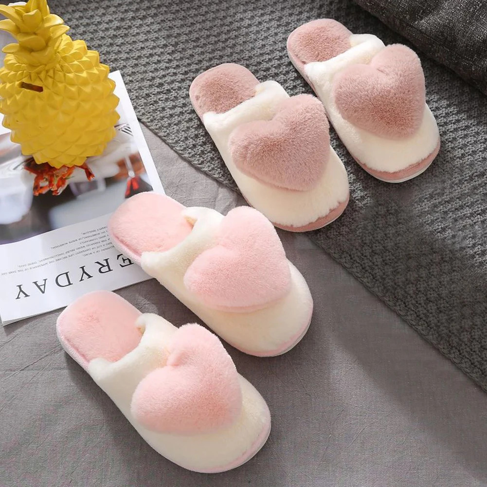 Unisex Plush Heart Slippers Non-Slip Fluffy Heart Slippers Soft Winter Platform Slippers Couple Indoor Slippers 241223