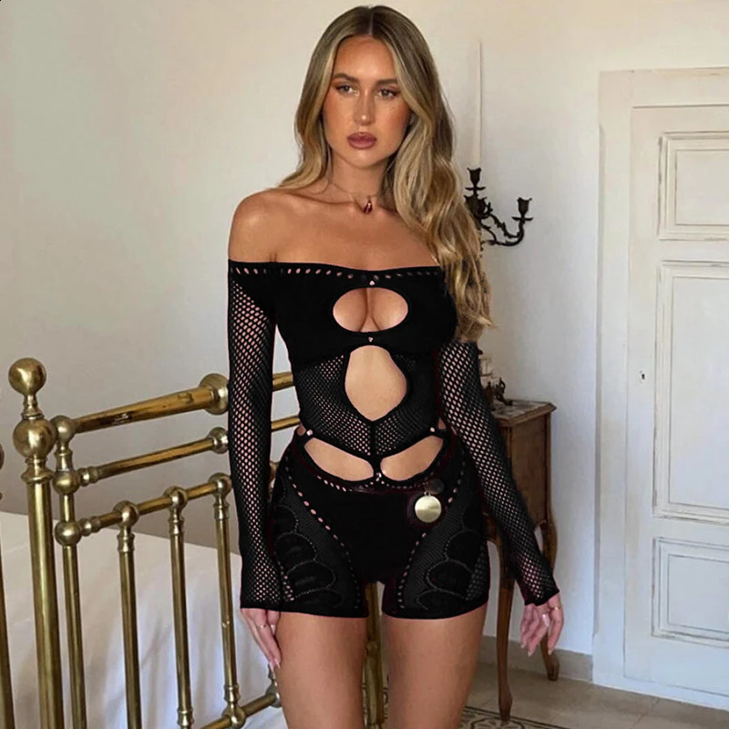 Sifreyr Off-shoulder Hollow Sexy Playsuits Women See Through Long Sleeve High Stretch Party Clubwear Female Slim Skinny Romper 241224