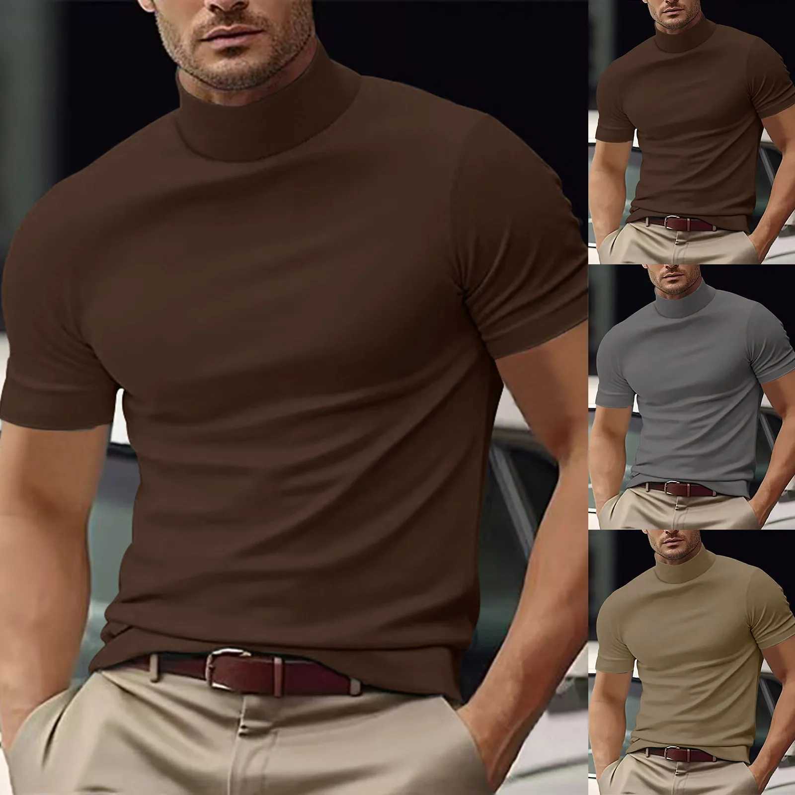 Short sleeved T-shirt mens Turtleneck shirt short sleeved Pullover underwear slim fit top mens plain T-shirt Harajuku streetwear W241223