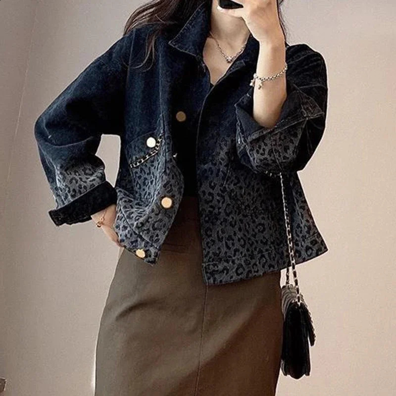 Blue retro Leopard print denim jacket female autumn and winter fashion short jacket casual Joker top denim jacket 241223