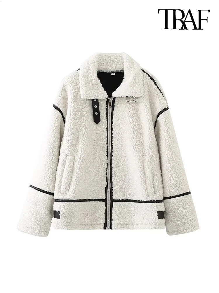 TRAF Womens Fashion fall and winter lambswool jacket beige long sleeve lapel zipper color collision one thick warm coat 241218