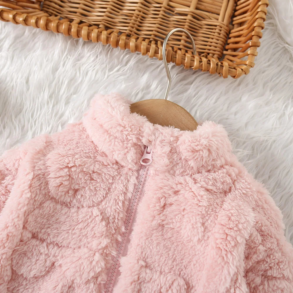 Baby Girl Princess Pink Fleece Jacket With Love Pattern Toddler Child Warm Coat Stand Collar Outwear Winter Baby Clothes 241223