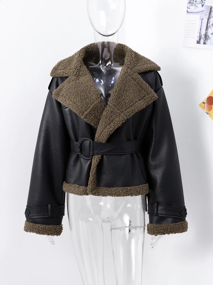 Fashion PU Leather Lamb Wool Cropped Coat With Belt Women Turn Down Collar Long Sleeve Short Bike Jacket Autumn Winter Chic Tops 241218