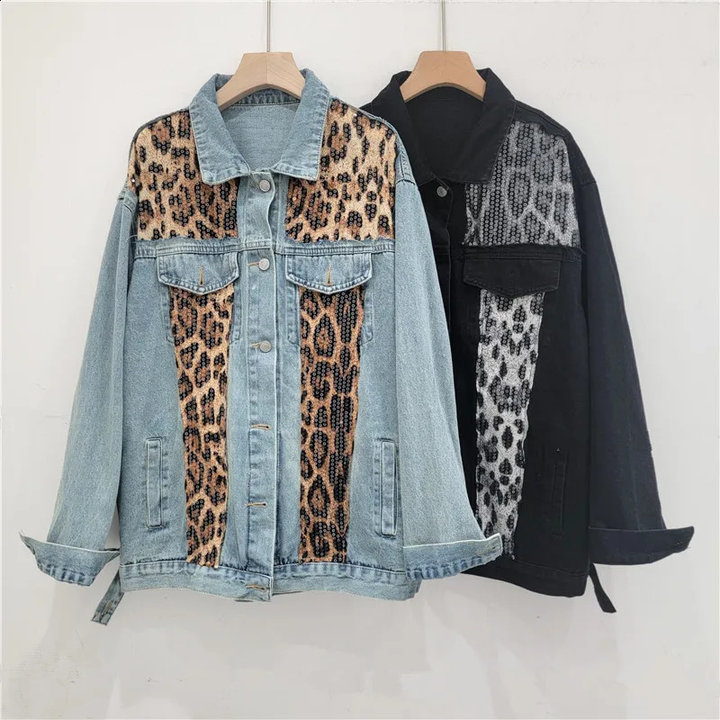 Retro Leopard Printed Sequined Patchwork Denim Jacket Casual Beading Spliced Jeans Coat Loose Cow Cardogan Streetwear Tops 241223