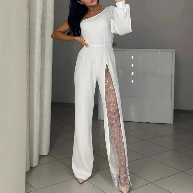 Sexy One-shoulder Backless Party Jumpsuit Women Spring Elegant High Waist Straight Romper Fall Hollow Mesh Flare Pants Playsuits 241224