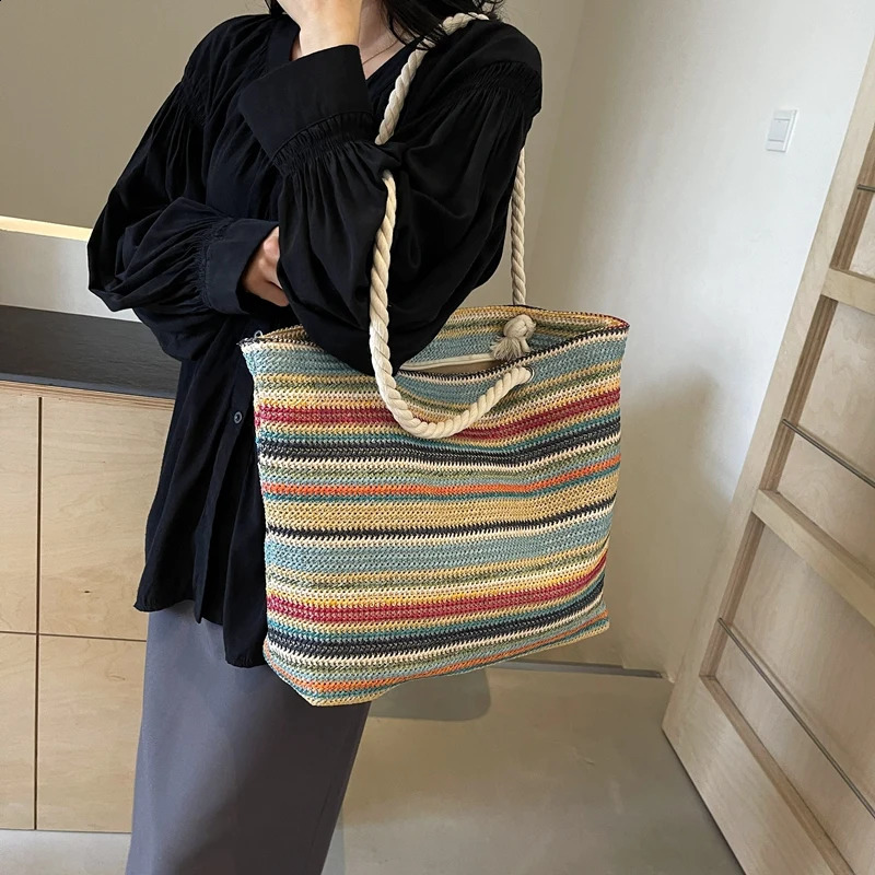 Straw Fabric Woven Women Tote Bags Rainbow Color Large Capacity Summer Beach Shoulder Shopper Bag Casual Commute Handbags 250314