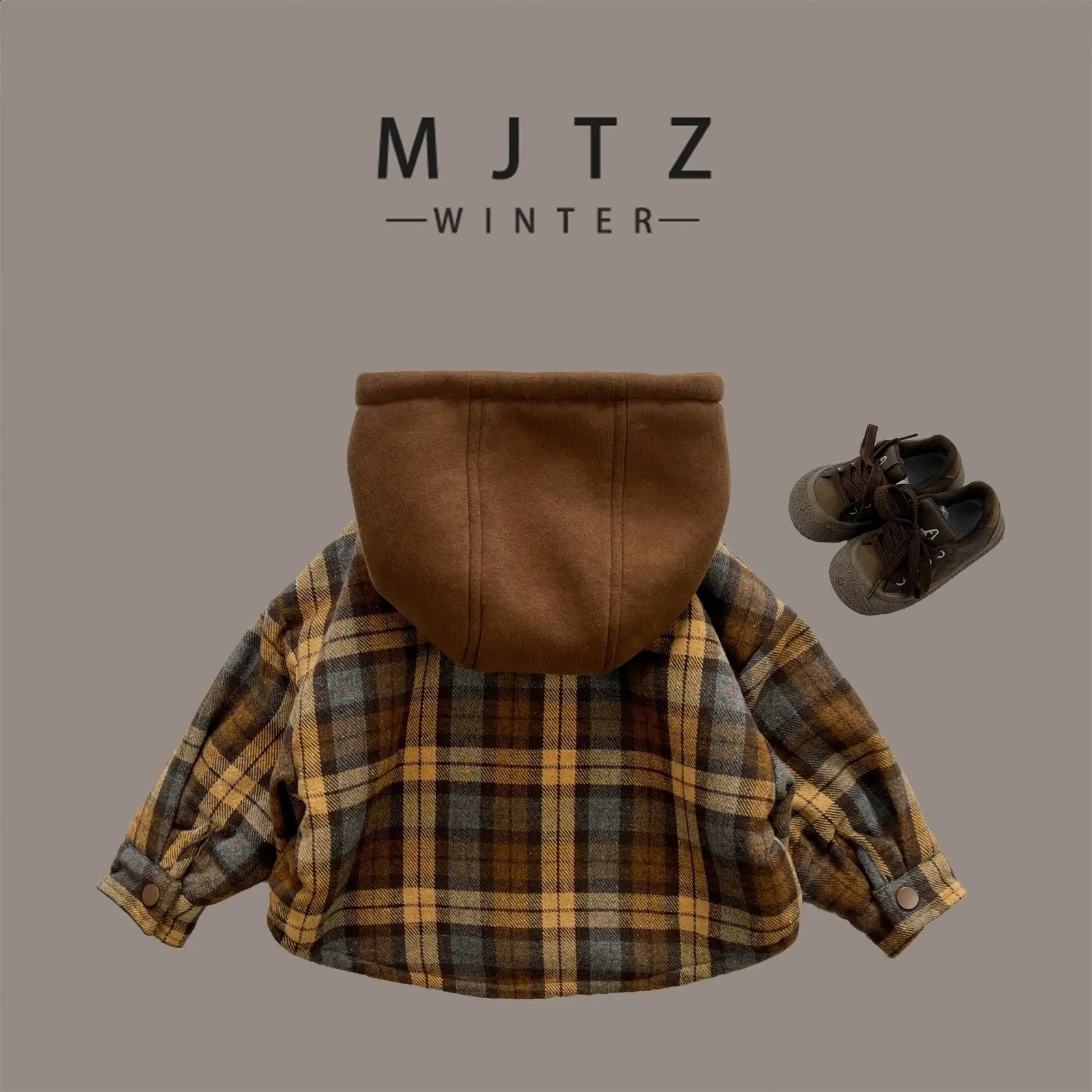 Childrens Hooded Shirt Kids Thick Clothes Baby Boys Khaki Plaid Shirts Coat for Autumn Winter Girls Long-Sleeve Jacket Clothing 241223