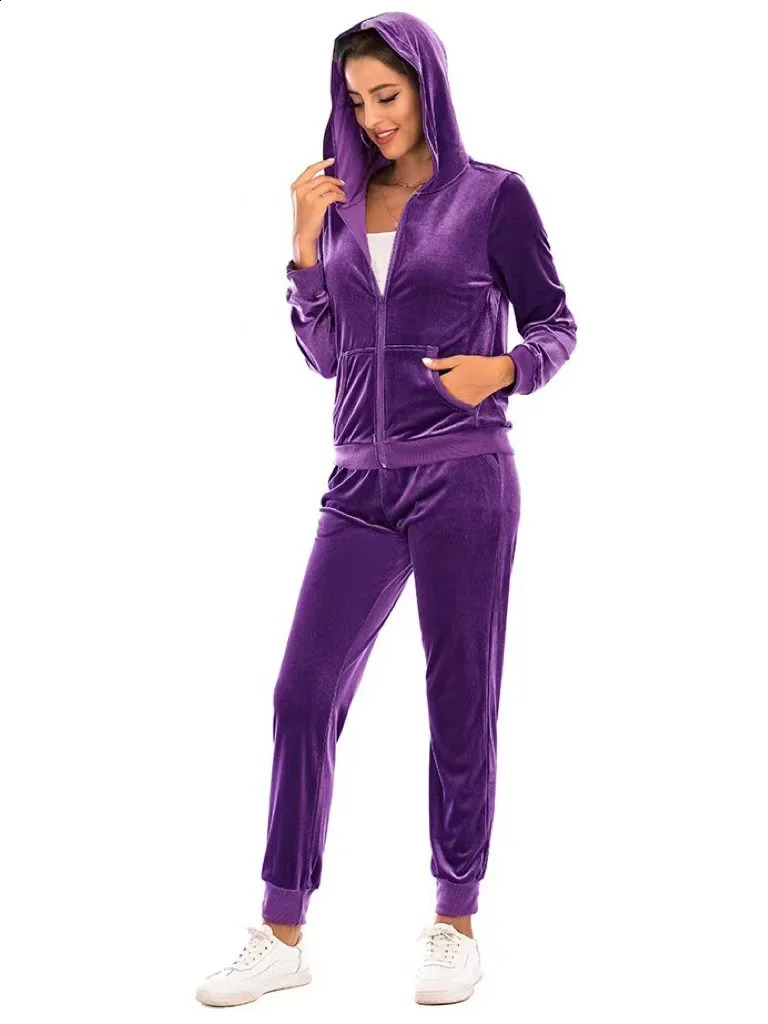 2024 Autumn Velvet Tracksuit Womens 2 Piece Sweatshirt Sweatpants Set Full Zip Hoodie Sweatsuit With Pockets Casual Sportswear 241220