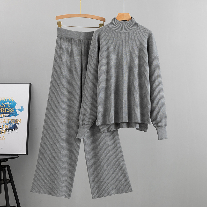2023 2 Pieces Women Loose Tracksuit Turtleneck + Wide Leg Pants Pullover Sweater Set CHIC Knitted Outwear