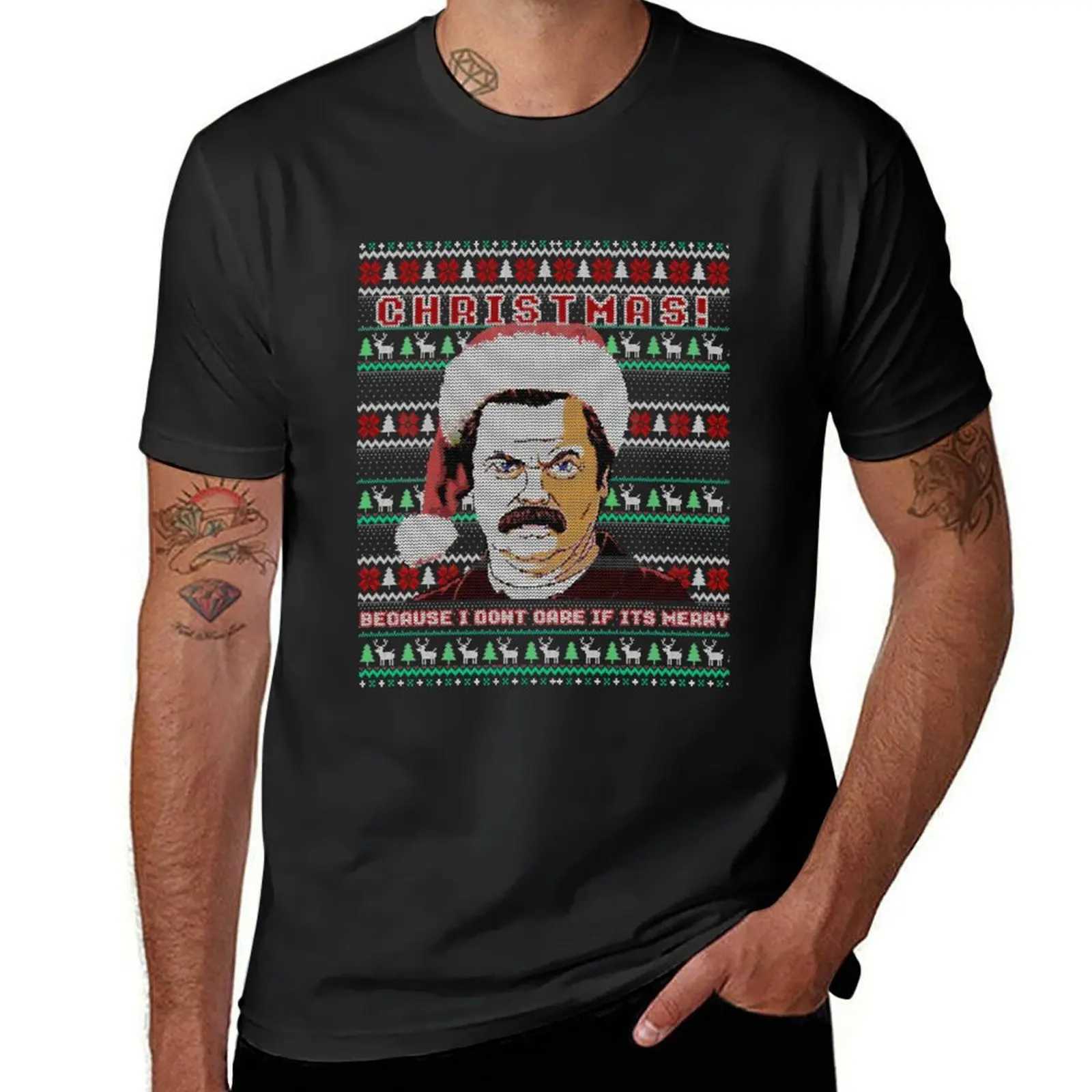 Ron Swanson Christmas Fanny Ugly Sweater T-shirt Heavy Weight Kawaii Clothes Plain White T-shirt for Men W241223