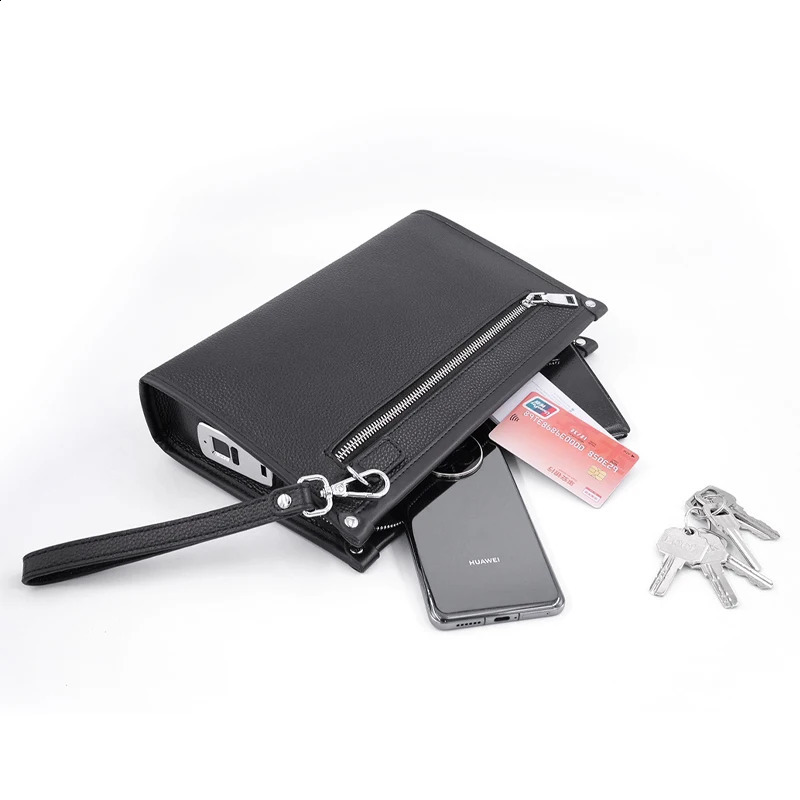 Fingerprint Lock Business Office Bag Handbag Men Black Genuine Top Cow Hide Leather Zipper Clutch Bag For Man 241224