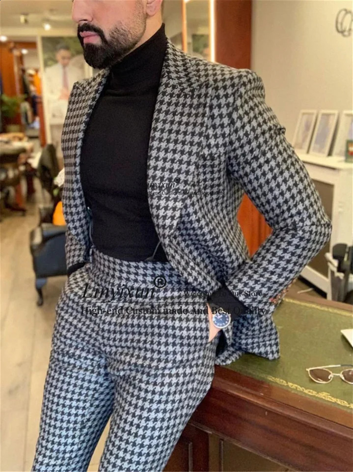 2 Piece Houndstooth Mens Suit Casual Business Slim Fit Blazer Male Winter Prom Groom Wear Tuxedo Set Terno Masculino JacketPant 241220