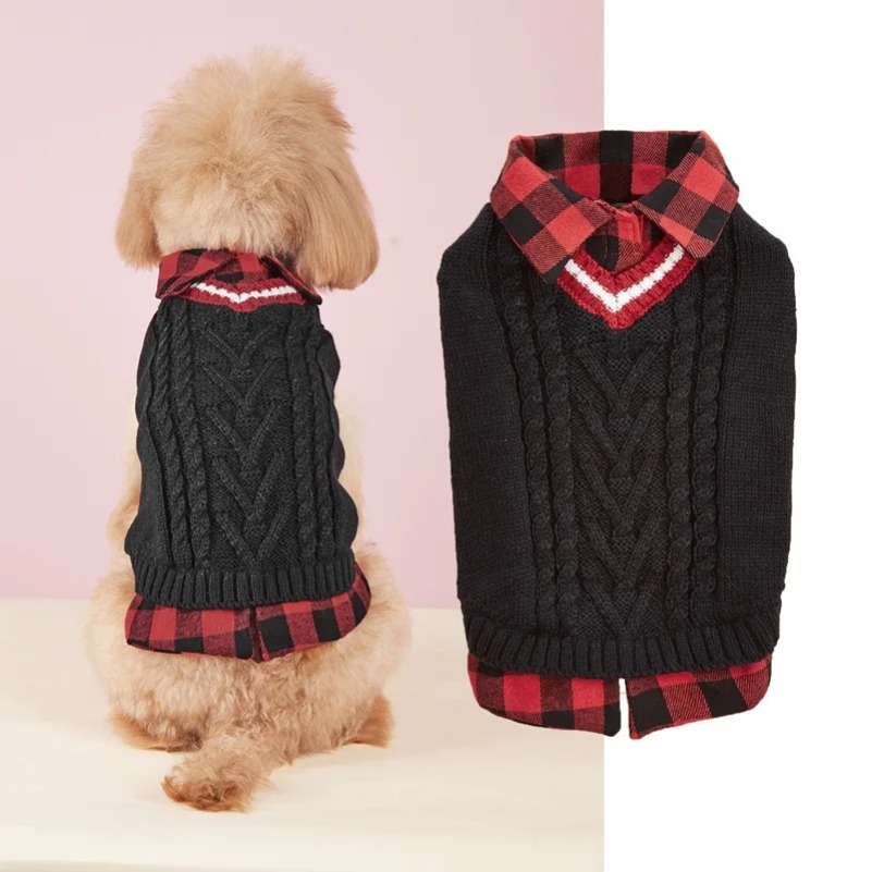 Autumn and Winter Pet Clothes Three-dimensional Cable Knit Dog Cat Sweater Retro Plaid Shirt Fake Two-piece Set Dachshund
