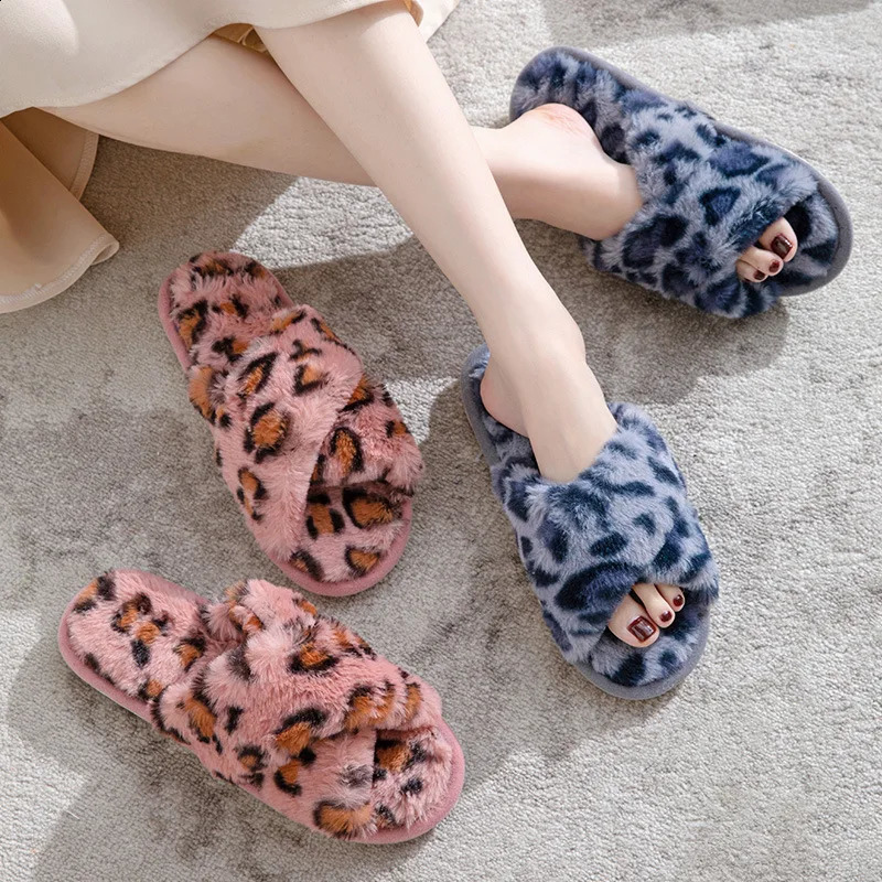 Leopard Print Cross Open Toe Autumn Winter Womens Fluffy Slippers Warm Home Comfortable Non-slip 241223
