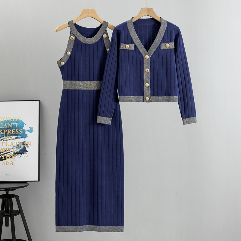 Elegant Womens 2023 Korean Fashion Knitted Cardigan Sleeveless Two-Piece Set New V-Neck Casual Dress Sets