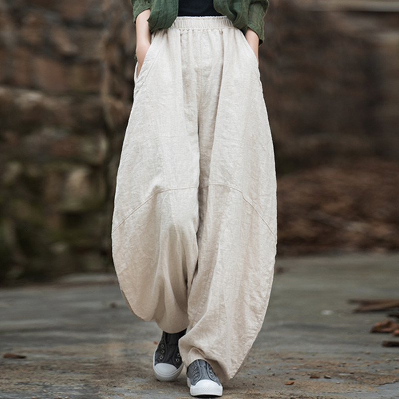 Elegant Women's Cotton En Baggy Cargo Pants Vintage Elastic Waist Yoga Trousers Loose Casual Long Wide Leg Oversize Clothes