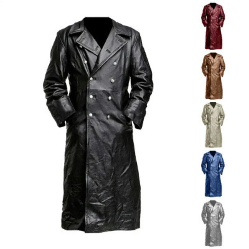 European and American Largesize Long Leather Trench Coat Mens Doublebreasted German Military Men 241220