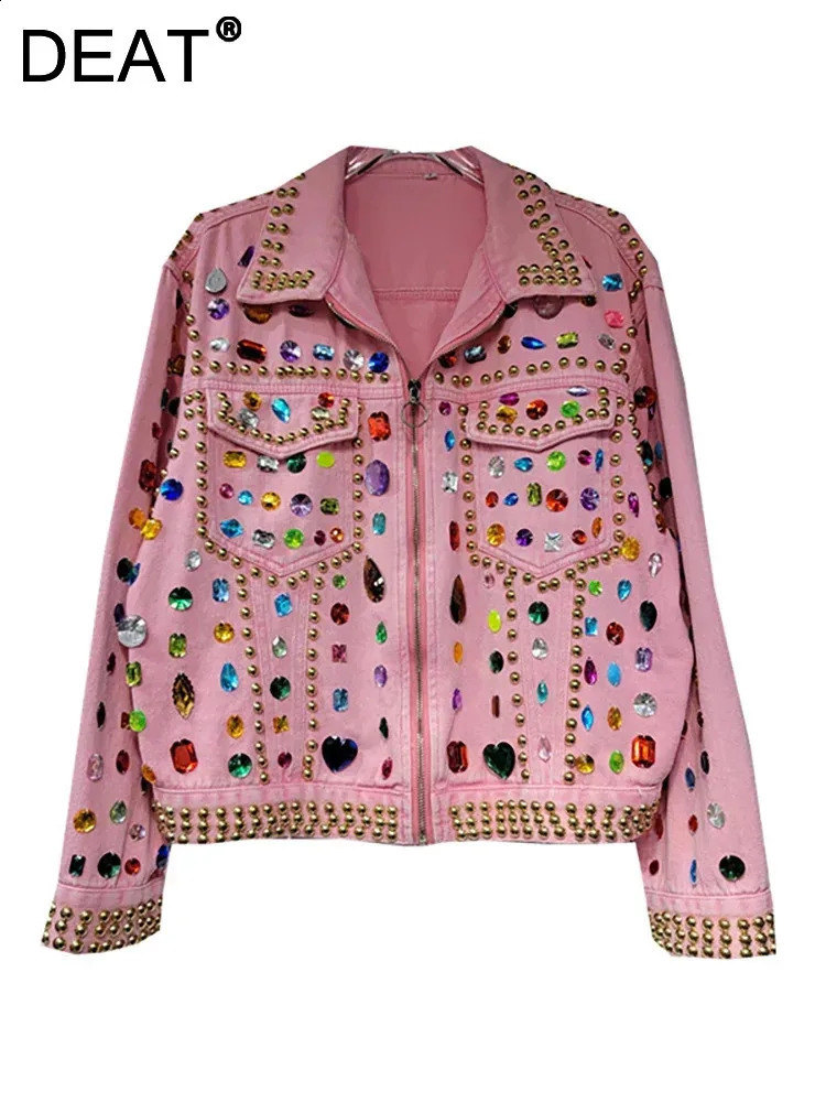 DEAT Womens Denim Coat Heart Diamonds Lapel Gold Rivet Pink Zipper Beading Single Breasted Jackets 2025 Spring Fashion 241223