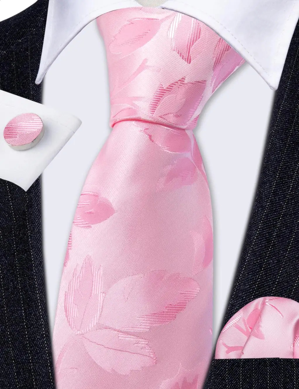 Barry.Wang Pink Coral Peach Silk Mens Tie Pocket Square Cufflinks Set Jacquard Floral Necktie for Male Wedding Business Party 241224