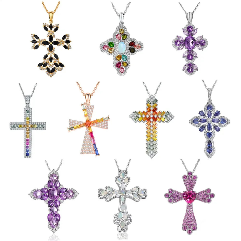 GZ ZONGFA Natural Color Gemstone Pure Silver Cross Pendant Amethyst Lemon Gemstone 241213