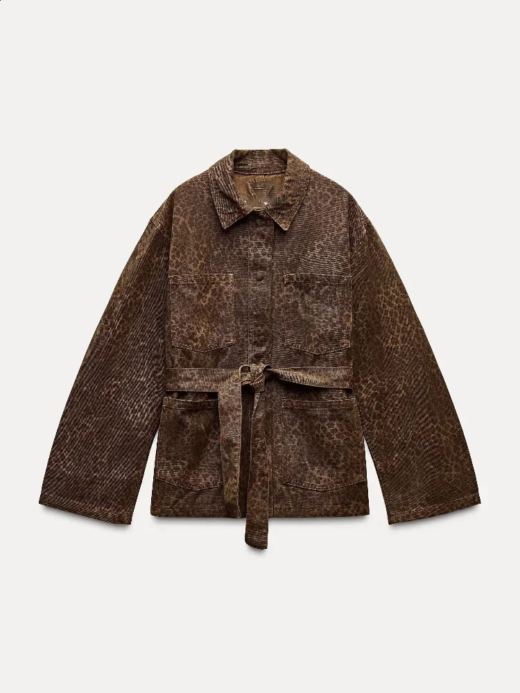 Leopard Printed Denim Single Breasted Belt Womens Coat Fashion Lapel Long Sleeves Pockets Jackets Autumn Chic Ladies Outerwear 241223
