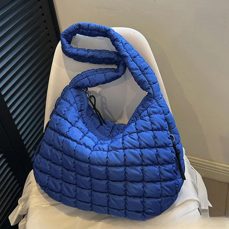 Larger Capacity Puffer Tote Bag Casual Shopping Bag Elegant Purple Soft Nylon Padded Shoulder Bags Simple Trend Women Handbag 241223