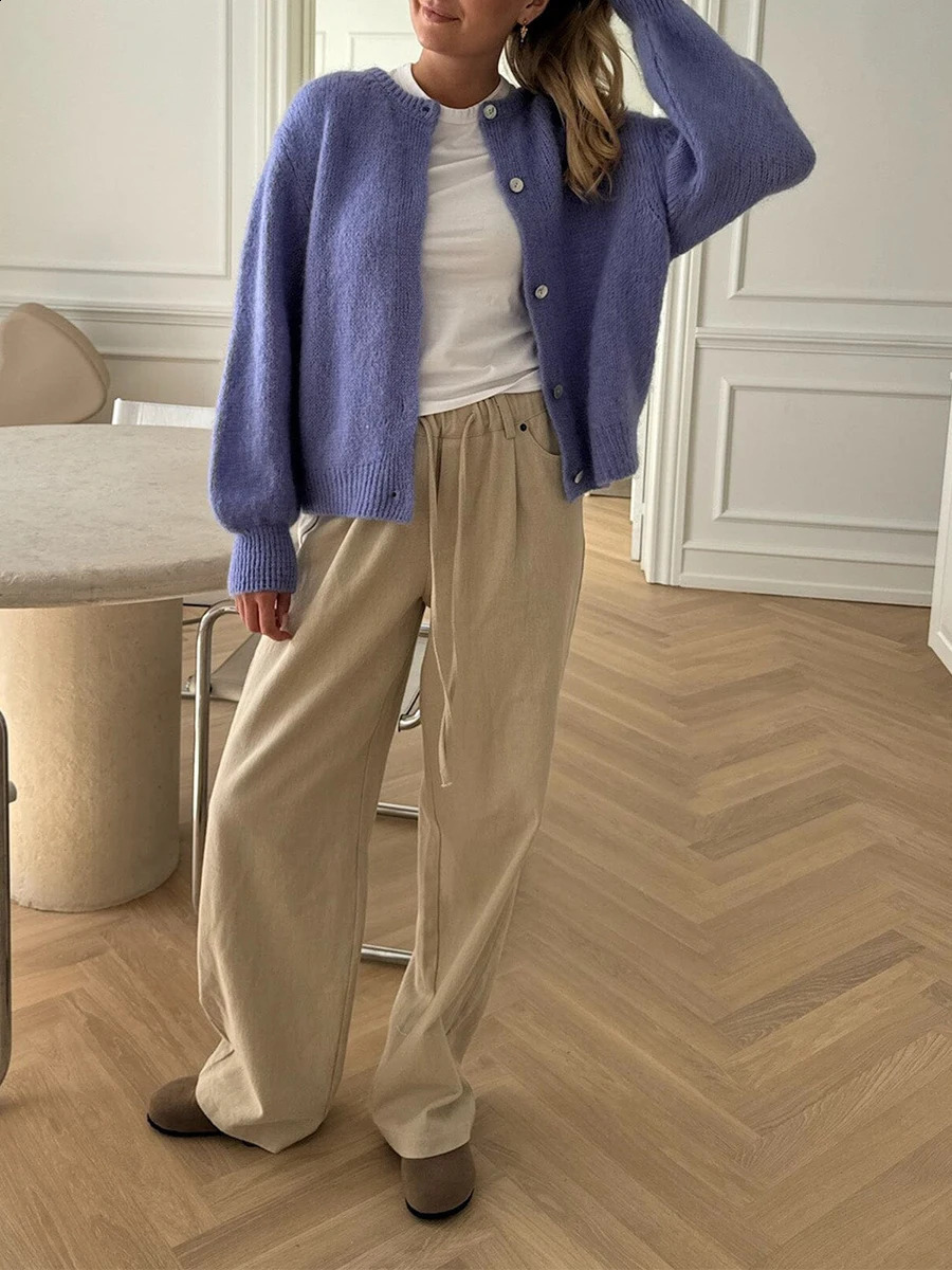 Womens solid color cardigan wool sweater matte long sleeved button down sweater soft knitted top jacket 241223
