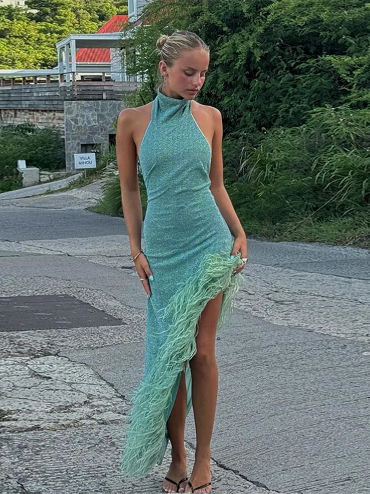 Fashionable feathers shiny plain turtle neck camisole dress womens sexy open back sleeves irregular hem dress womens party dress 241223