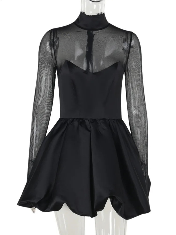 Mozision Turtleneck Sheer Long Sleeve Sexy Mini Dress For Women Black See Through High Waist Aline Club Party Elegant 241218