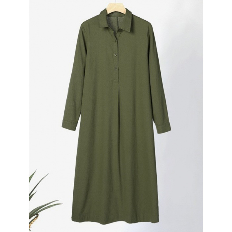 P06888 solid color cotton and linen long-sleeved lapel shirt group ladies fashion casual A-line group loose robe dress