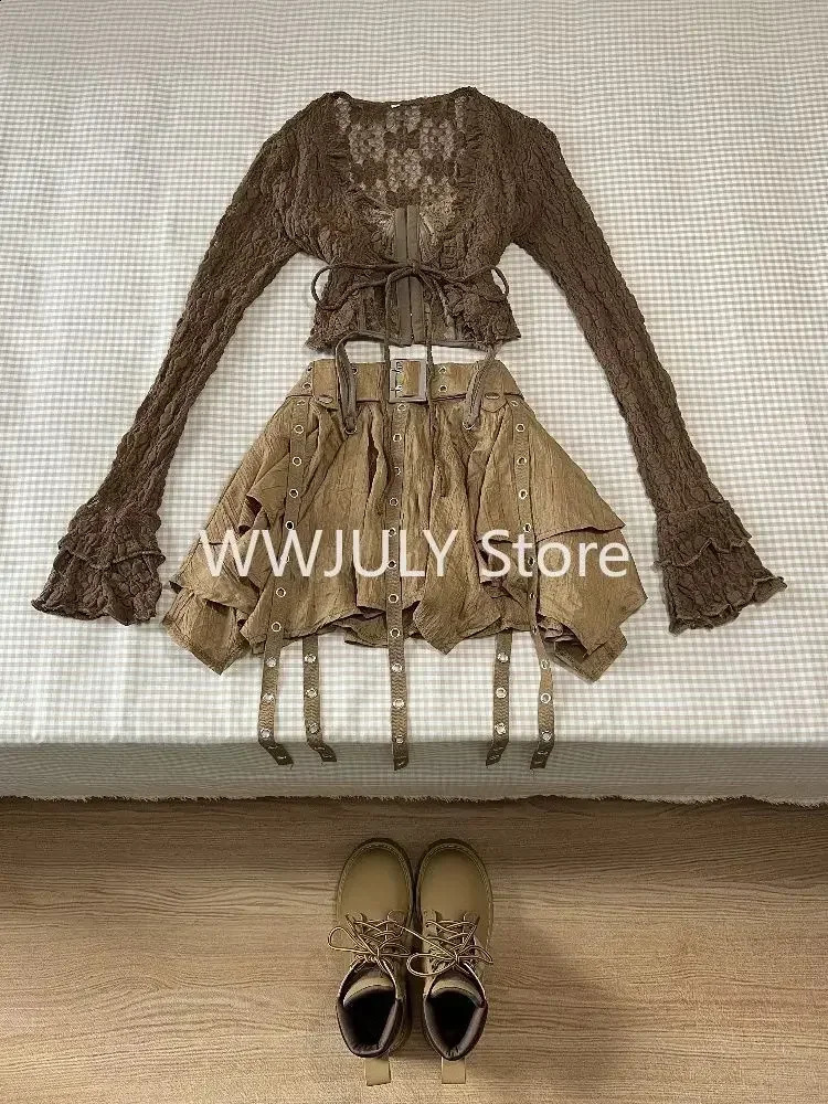 Harajuku retro fashion 3-piece womens short cardiganultra-thin vestY2k E-Girl high waisted skiing girl Korean style set 241219
