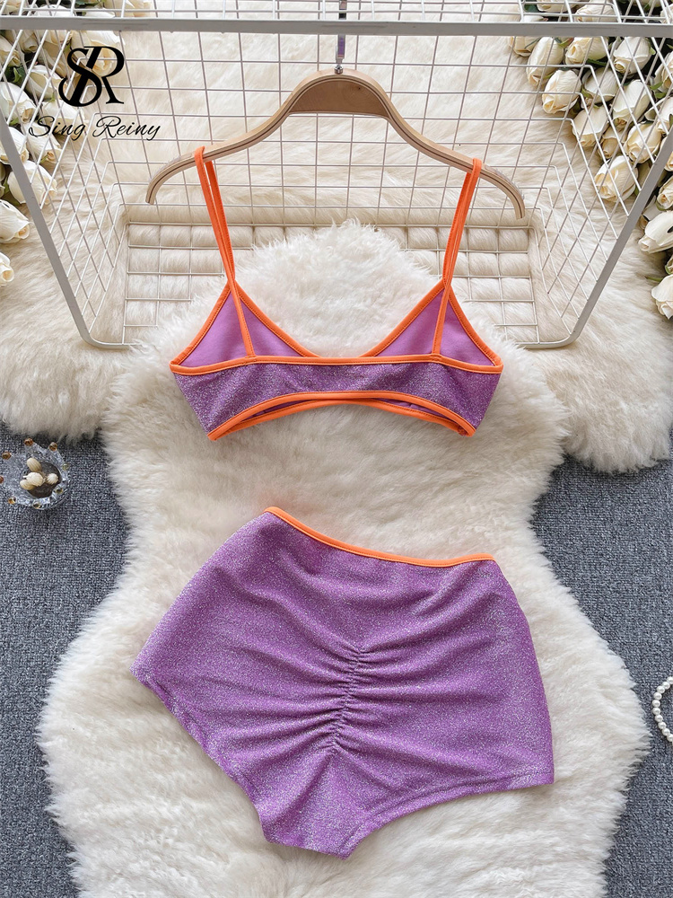 SINGREINY Fashion Vacation Shiny Swimsuits Women Strap Backless Camisole+Elastic Waist Shorts Sexy Bikini Beach Two Pieces Suits