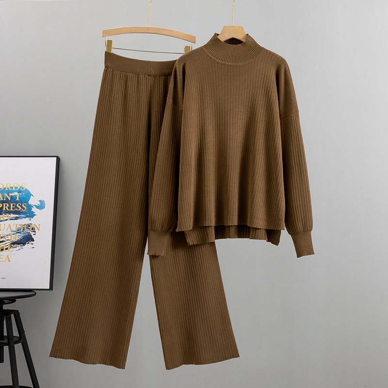 2023 2 Pieces Women Loose Tracksuit Turtleneck + Wide Leg Pants Pullover Sweater Set CHIC Knitted Outwear