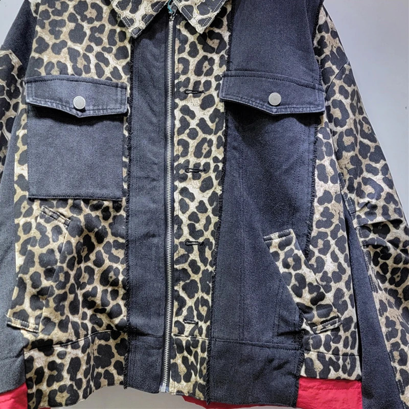 KBQ Leopard Printting Denim Jackets For Women Lapel Long Sleeve Patchwork Zipper Minimalist Chic Coats Female Fashion Clothes 241223