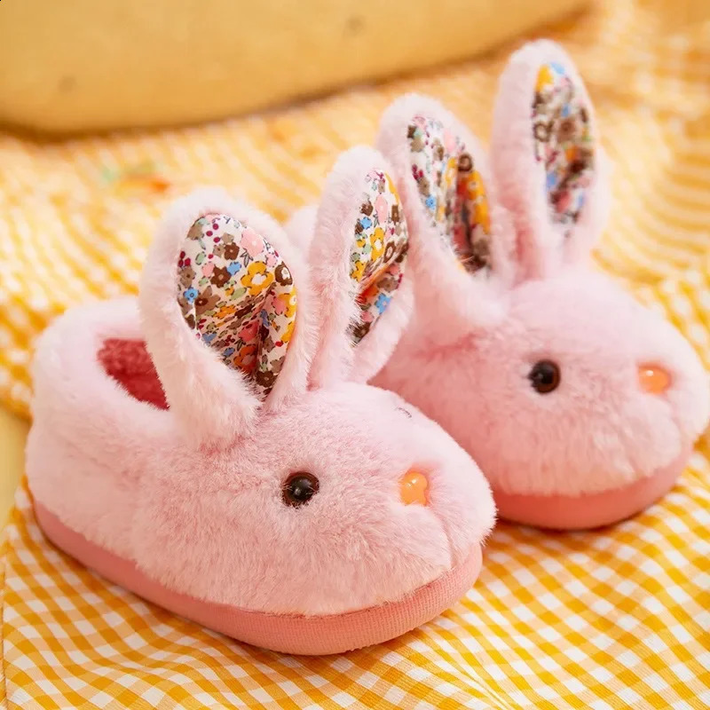 Children Indoor Slippers Winter Warm Cotton Shoes Kids Home Floor Slippers Cartoon Rabbit Anti-slip Boys Girls Plush Footwear 241223