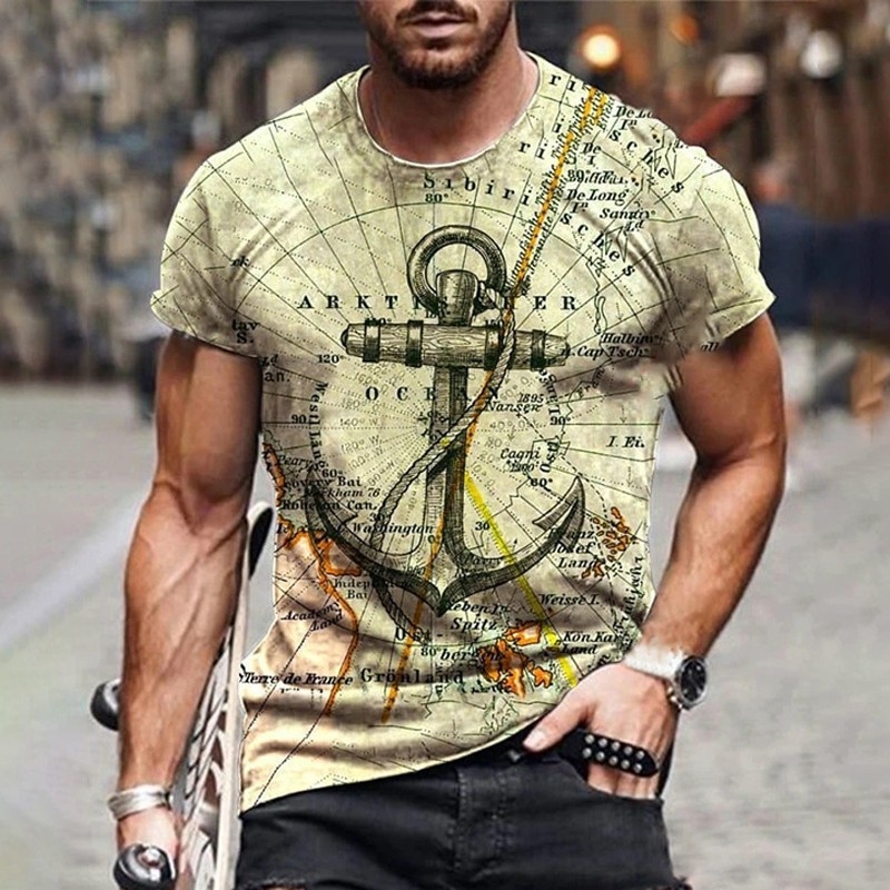 Vintage Men's T-shirt Summer Short Sleeve O-neck 3D Anchors Print Top Tee Shirt Oversized Men's Clothing Casual Streetwear