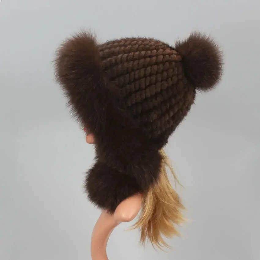 Real Mink Fur Hat with Fox Fur Ball Earmuffs Protective Cap Winter Hat for Women Russian Autumn Hat Fox Fur Beanies Fall Bonnets241224