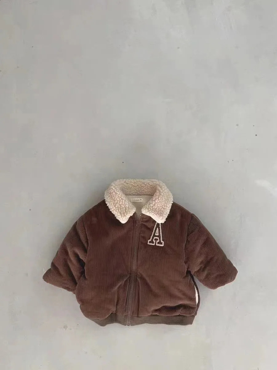 Winter Baby Letter Fleece Coat Children Long Sleeve Warm Padded Jacket Plus Velvet Thick Boy Girl Lapel Windproof Jacket 241223