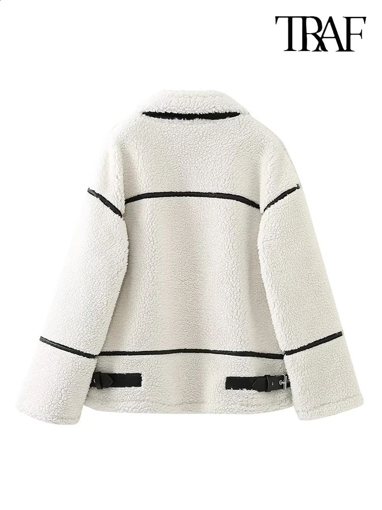 TRAF Womens Fashion fall and winter lambswool jacket beige long sleeve lapel zipper color collision one thick warm coat 241218