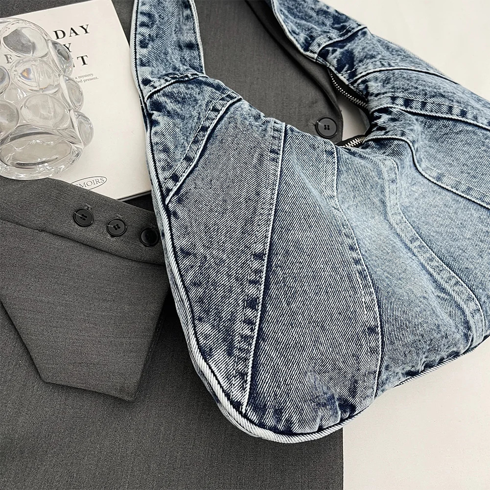 Women Denim Shoulder Bag with Zipper Handbag Trendy Underarm Purse With Pocket Clutch Bag for Work Travel Shopping 241223