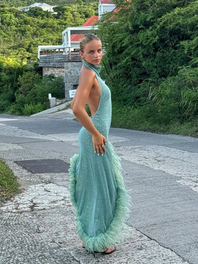 Fashionable feathers shiny plain turtle neck camisole dress womens sexy open back sleeves irregular hem dress womens party dress 241223