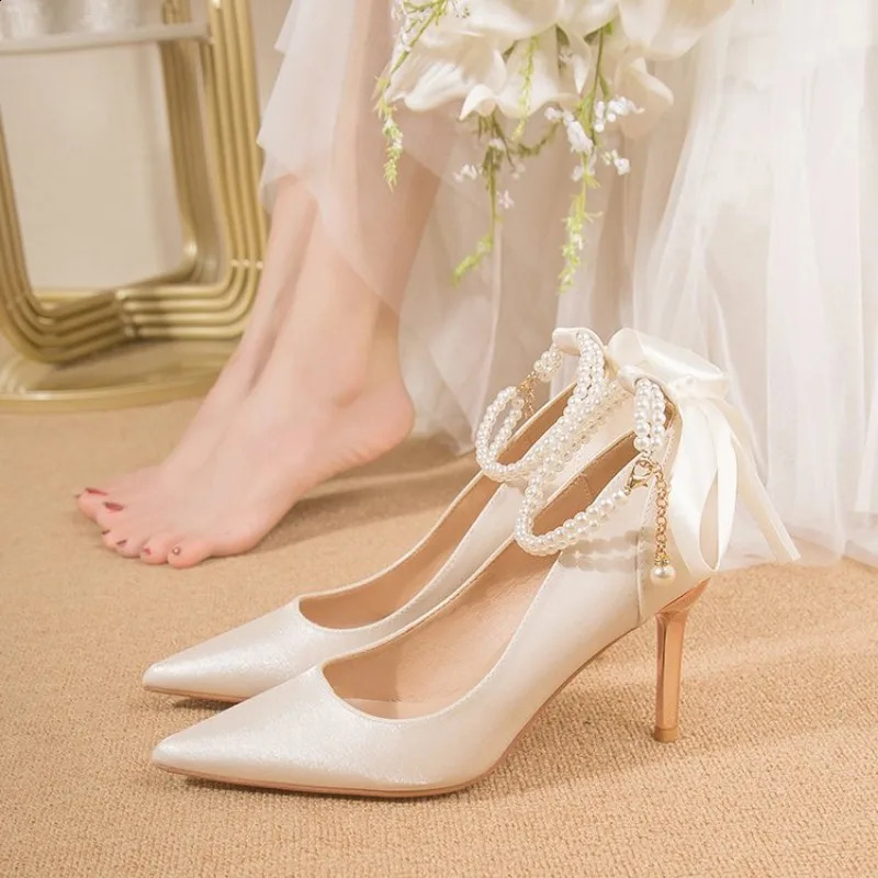 Size 34-40 fine high heels toe pearl buckle strap 9cm high heels womens bow satin fabric white wedding dress womens pump 241223