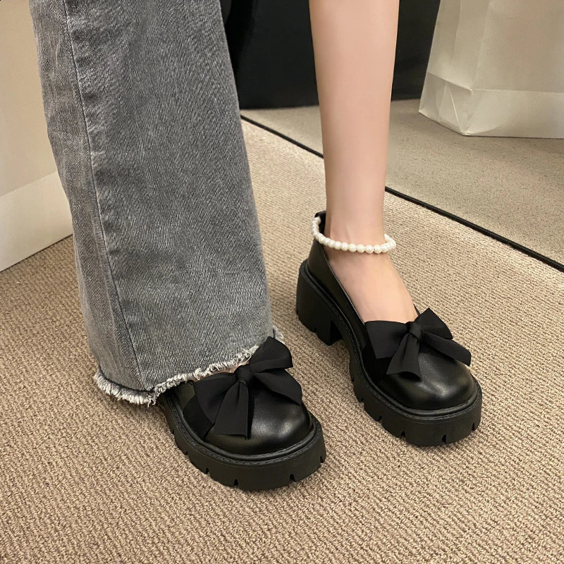 Pearl Bow Mary Jane Sandals Womens Lolita Thick Mary Jane High Heels Pump Summer Sandals Beaded Womens Shoes Zapatos 241223