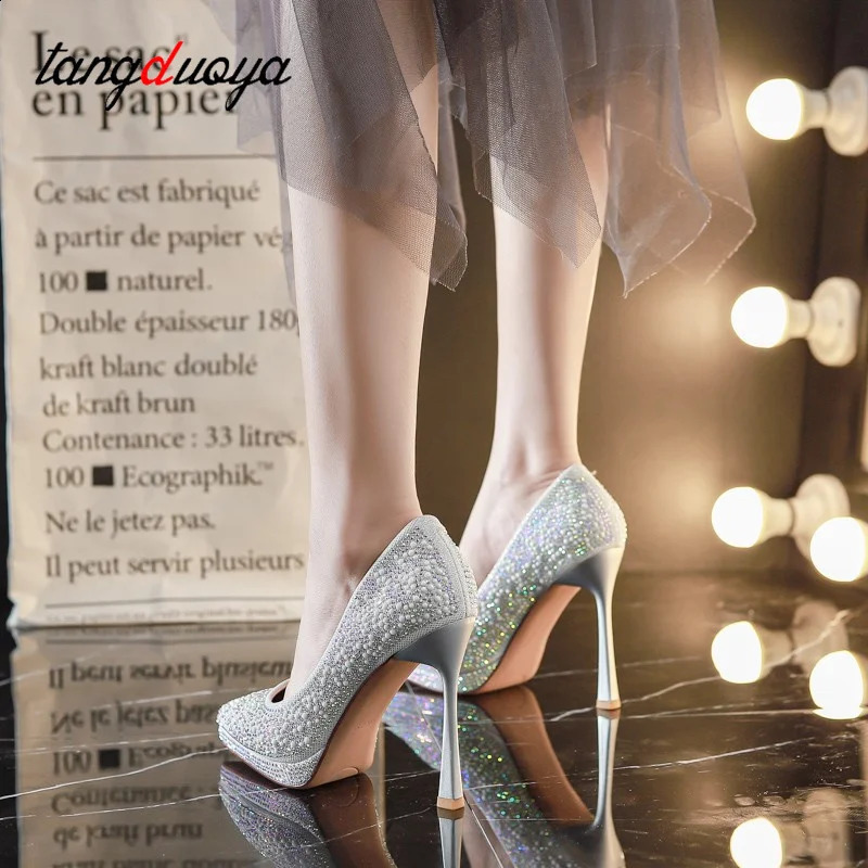 Pearl Sparkling Wedding Shoes for Women Spring er High Heels Pump Womens Thin High Heels Party Shoes Beige Silver 241223