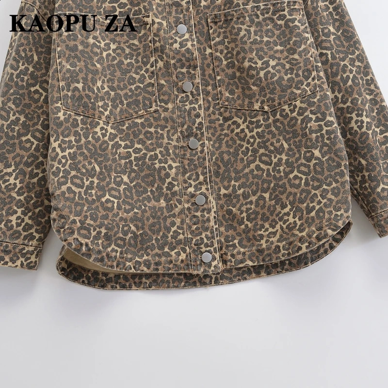 KAOPU ZA Womens Notched Collar Leopard Print Shirt Jacket Long Sleeve Casual Denim Vintage Fall Fashionable Jacket 241223