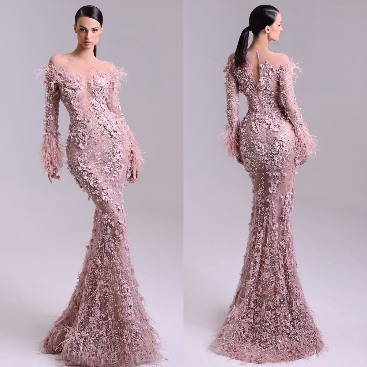 Gorgeous dust pink appliqued mermaid Evening Dresses feathers long sleeves gala women or length dresses for special ocns