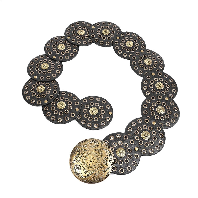 Wide Boho Disc Belt Women Vintage PU Leather Hollow Western Cowboy Metal Buckle Chain Belts Exaggerated Round Waistband 241224